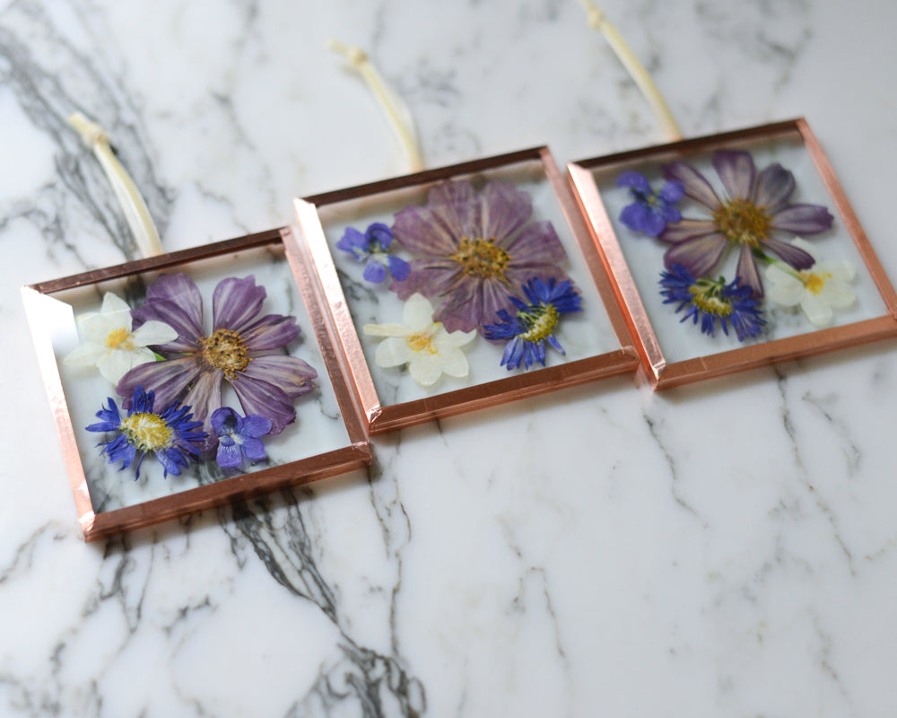 Birth Flower Family Ornament - Real Pressed Flowers in Beveled Glass and Copper