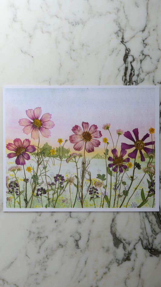 Cosmos Sunset - Watercolor Flowerscape Print artwork