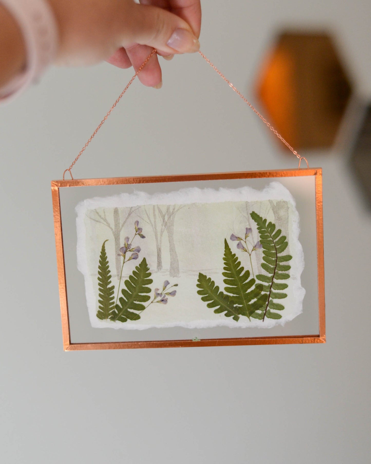 Fern Forest - Watercolor in Medium Glass and Copper Wall Hanging