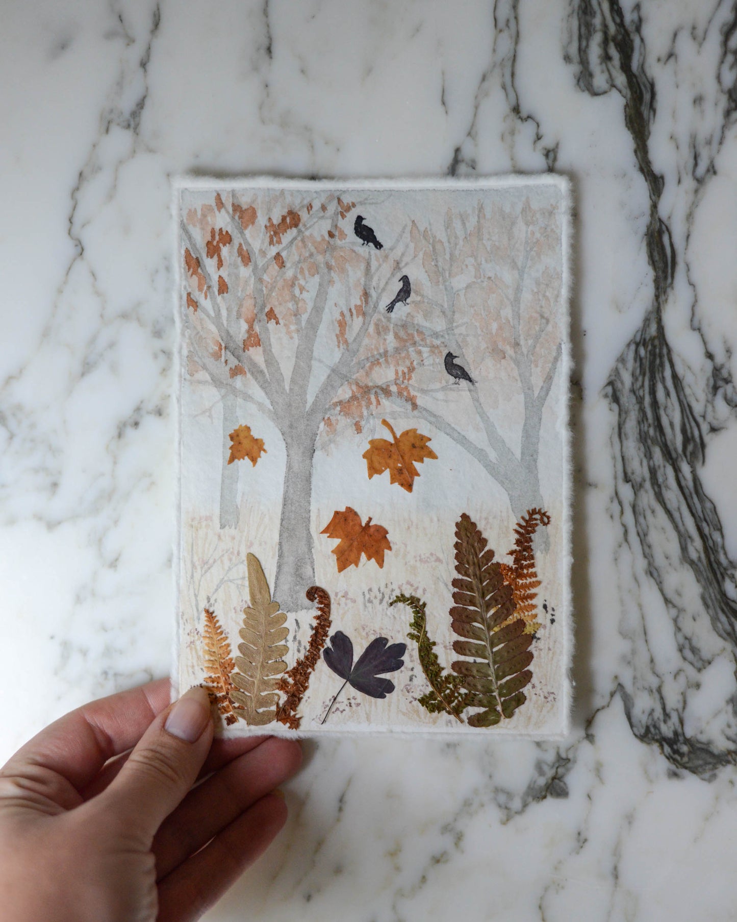 Crows in the Fog - Original Artwork, 5x7" Watercolor and Pressed Flowers