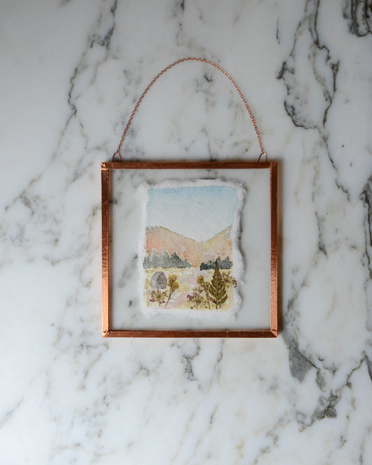 October Hills - Watercolor in Small Glass and Copper Wall Hanging