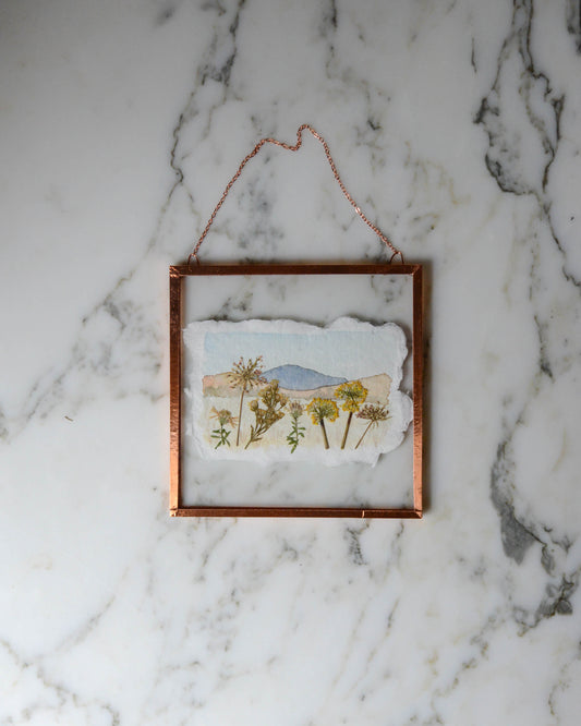 October Mountains  - Watercolor in Small Glass and Copper Wall Hanging
