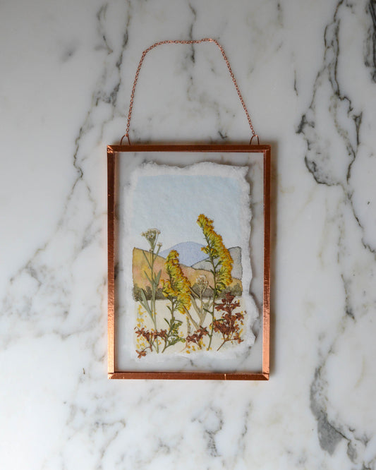 October Wildflowers - Watercolor in Medium Glass and Copper Wall Hanging