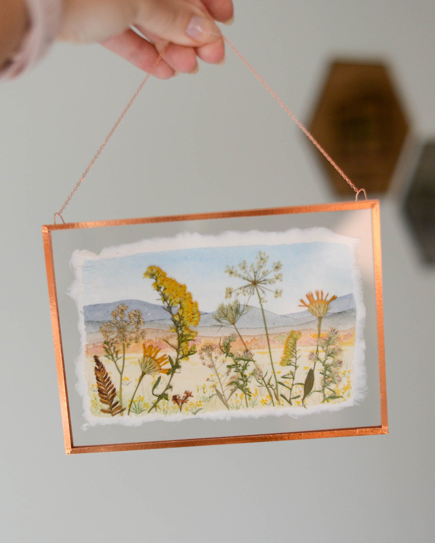 October Mountain Wildflowers - Watercolor in Glass and Copper Wall Hanging