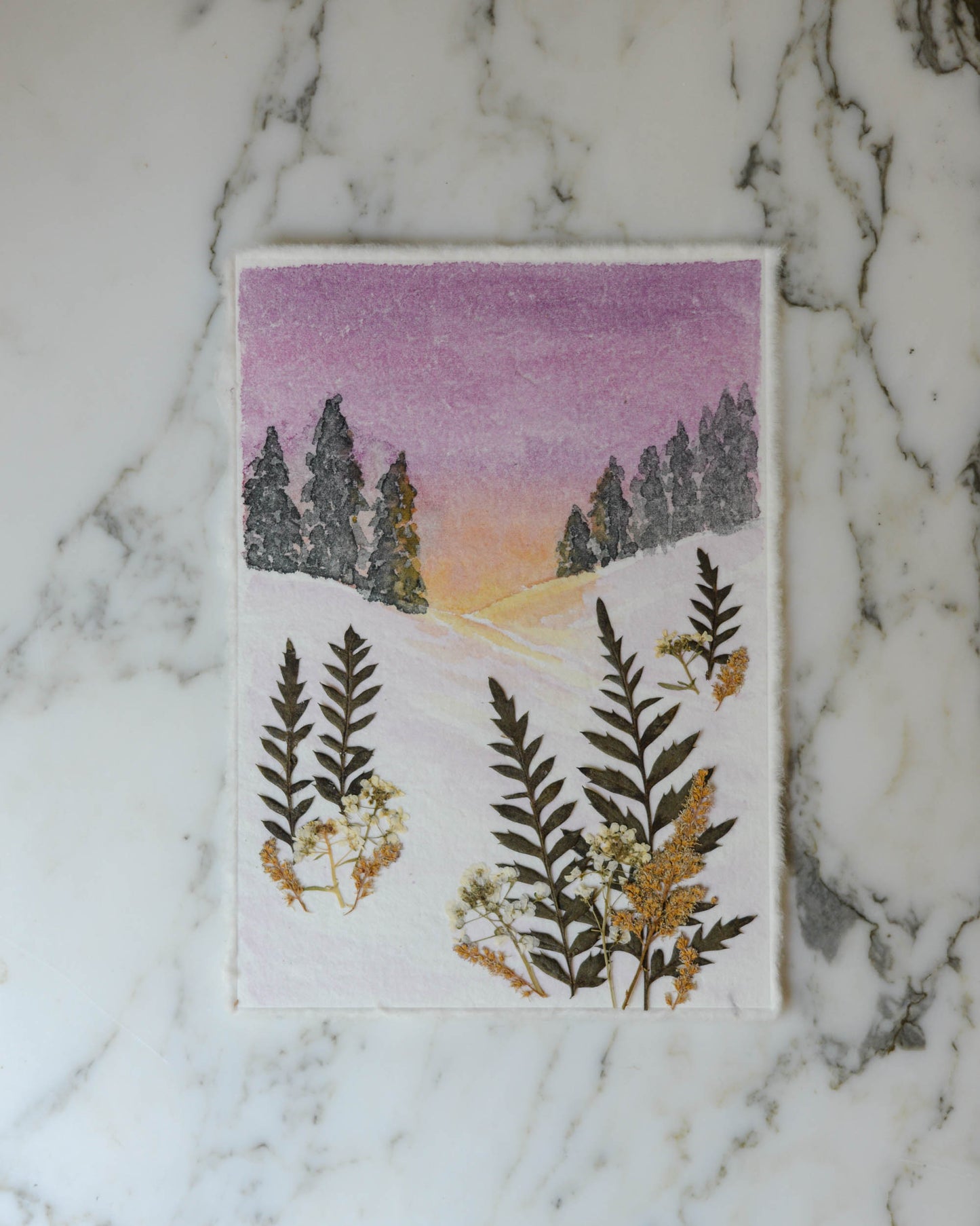 Winter Solstice - Original Artwork, 5x7" Watercolor and Pressed Flowers