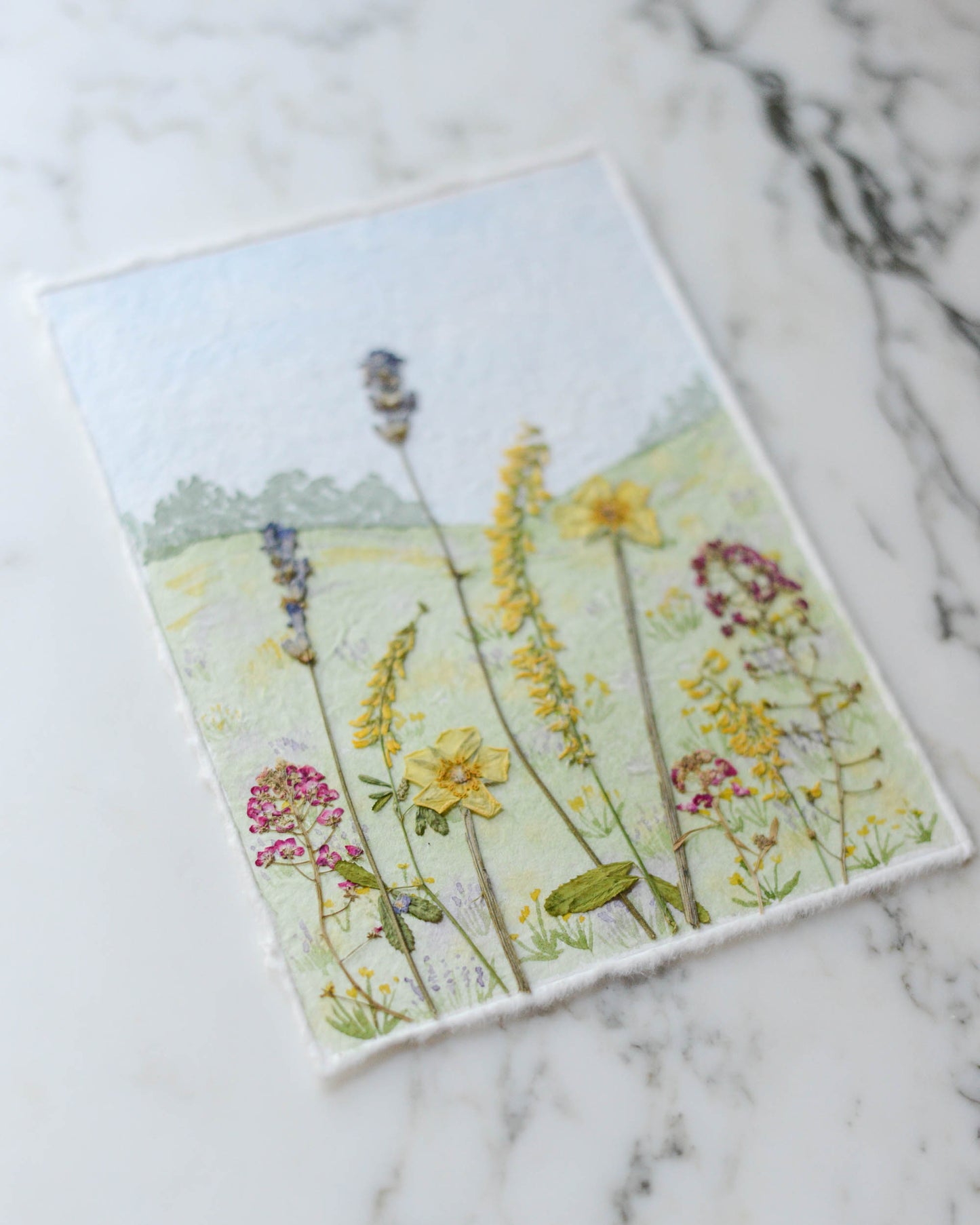 Hillside Wildflowers - Original Artwork, 5x7" Watercolor and Pressed Flowers
