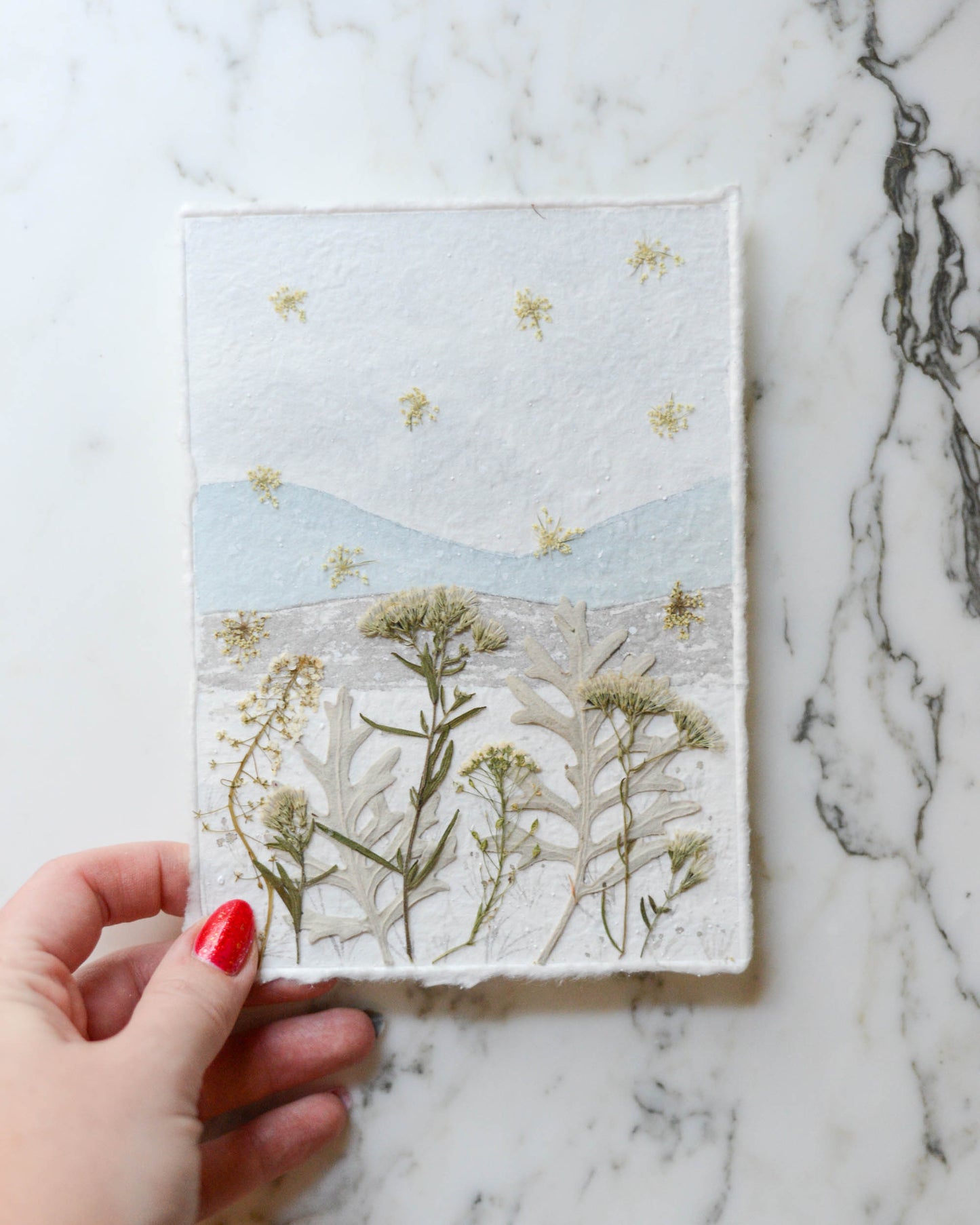 Winter in the Mountains - Original Artwork, 5x7" Watercolor and Pressed Flowers