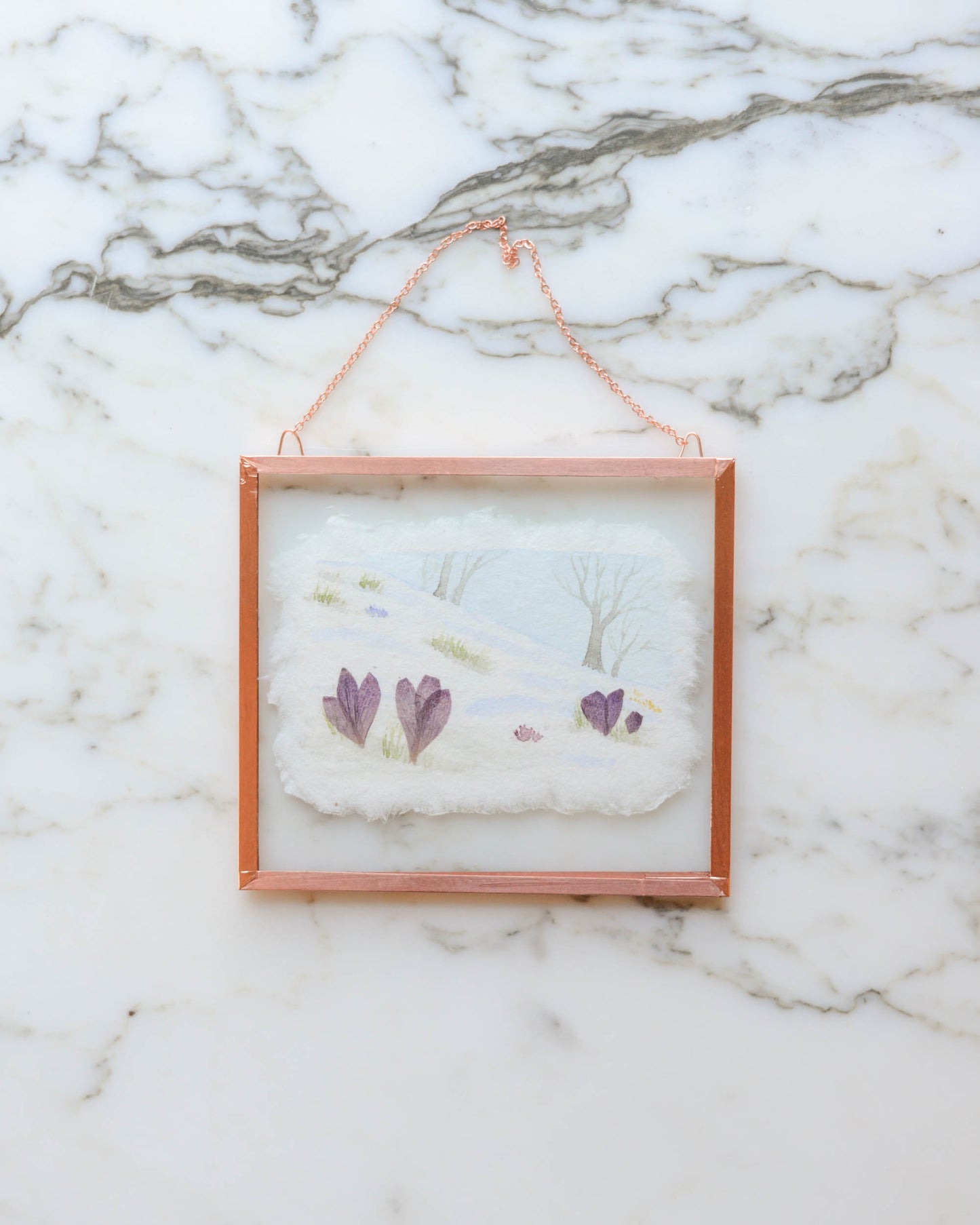 Harbingers: Snowy Meadow - Watercolor in Small Glass and Copper Wall Hanging