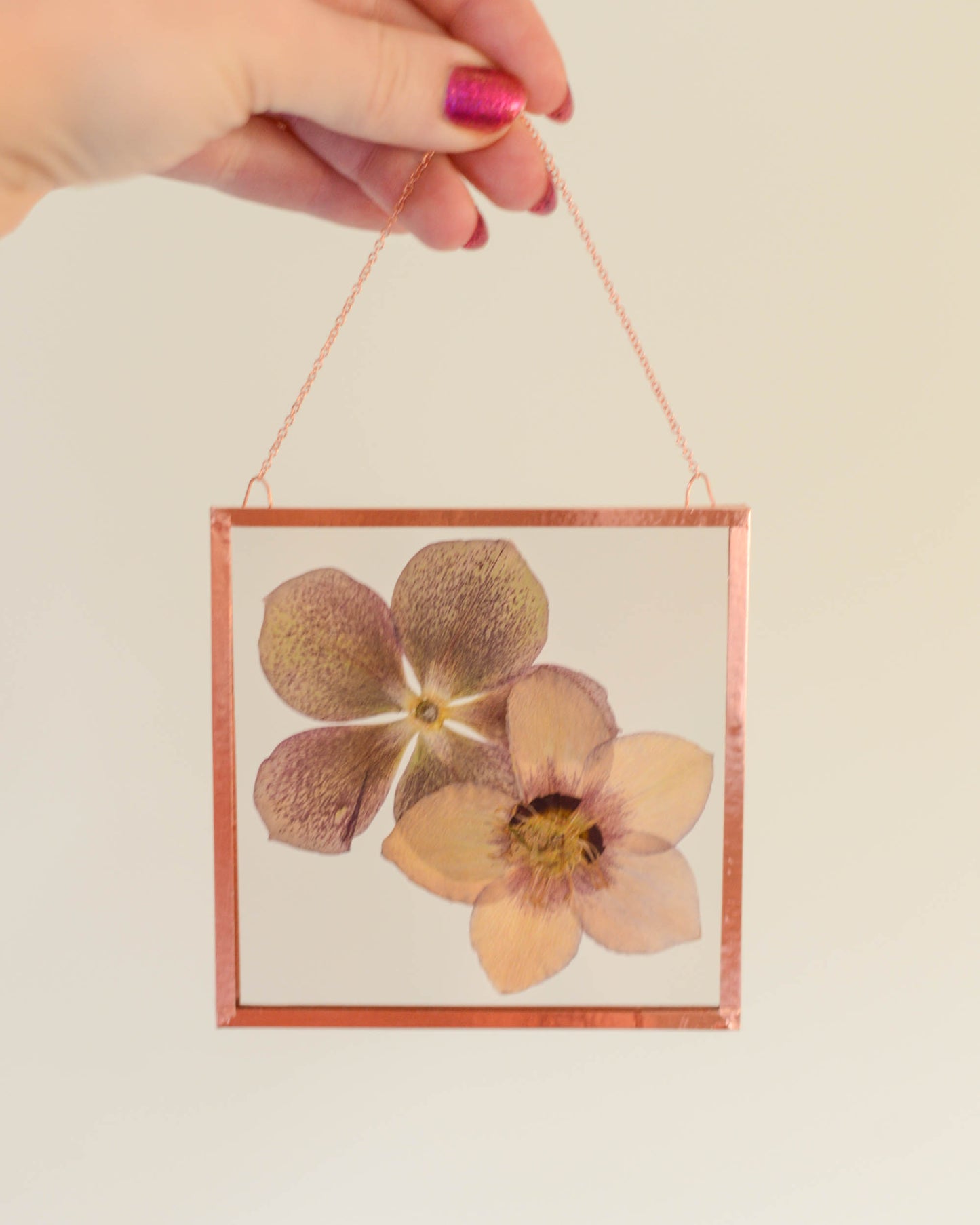 Hellebore Duo - Medium Square Glass and Copper Wall Hanging