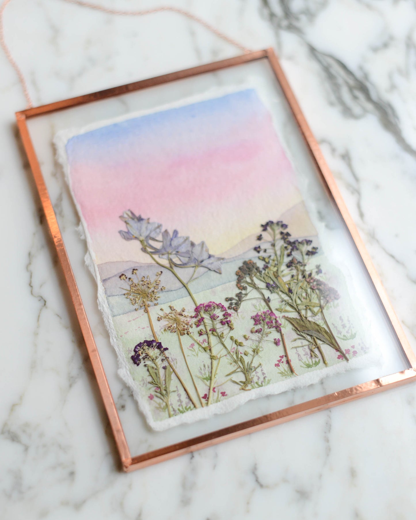 Cotton Candy Sunset - Watercolor in Medium Glass and Copper Wall Hanging