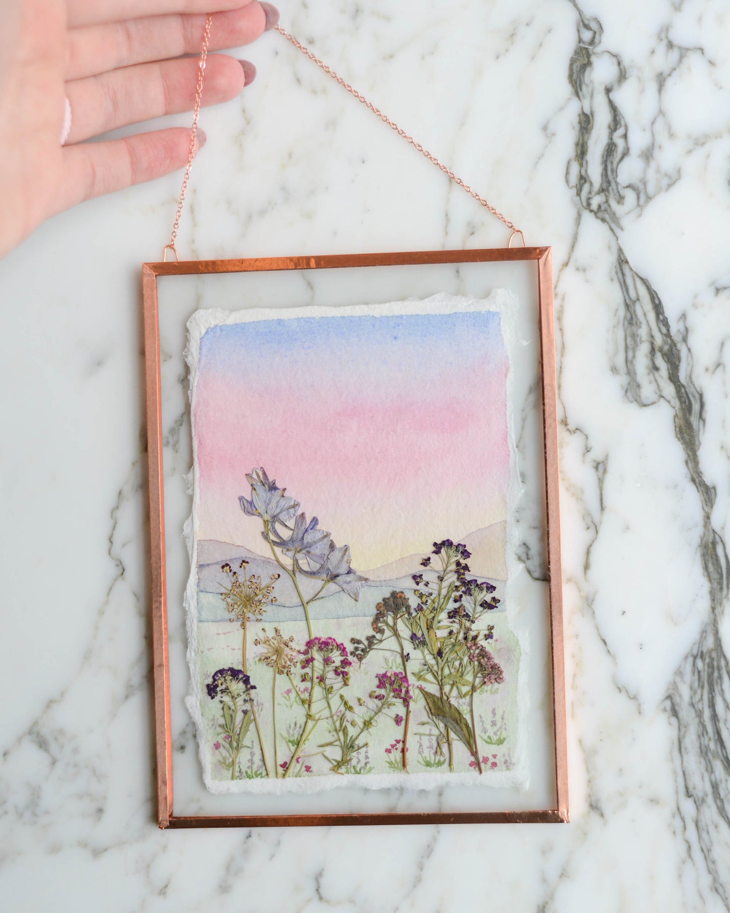 Cotton Candy Sunset - Watercolor in Medium Glass and Copper Wall Hanging