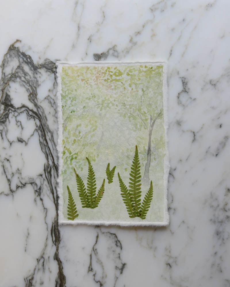 Spring Ferns - Original Artwork, 4x6" Watercolor and Pressed Flowers