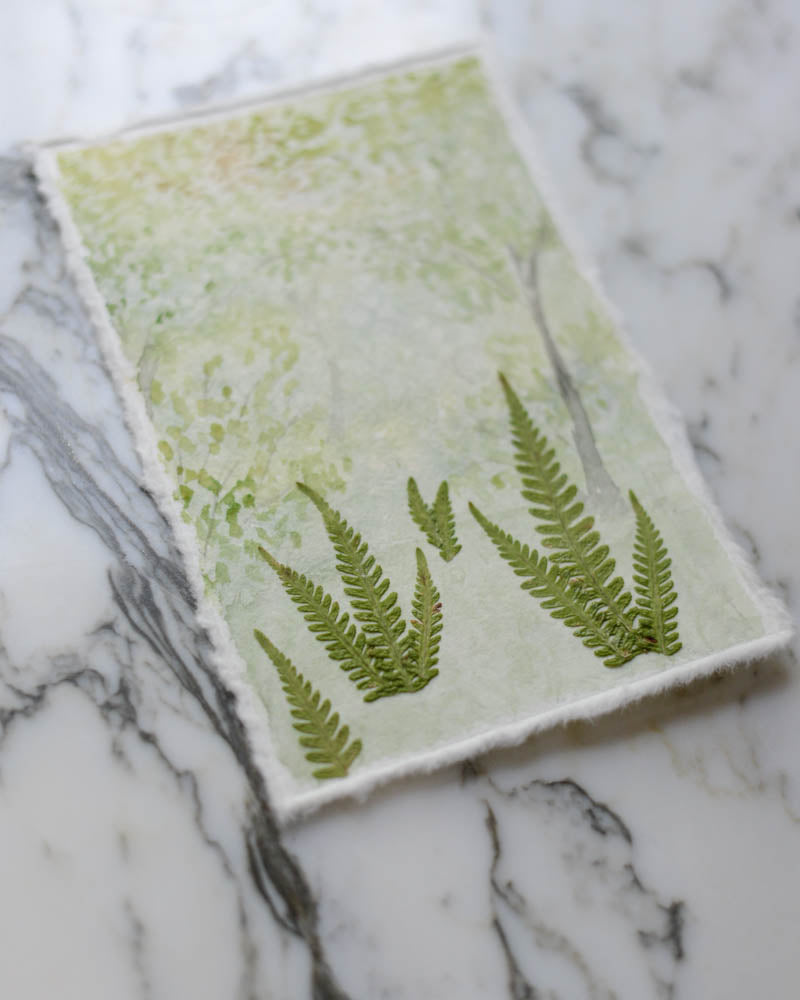 Spring Ferns - Original Artwork, 4x6" Watercolor and Pressed Flowers