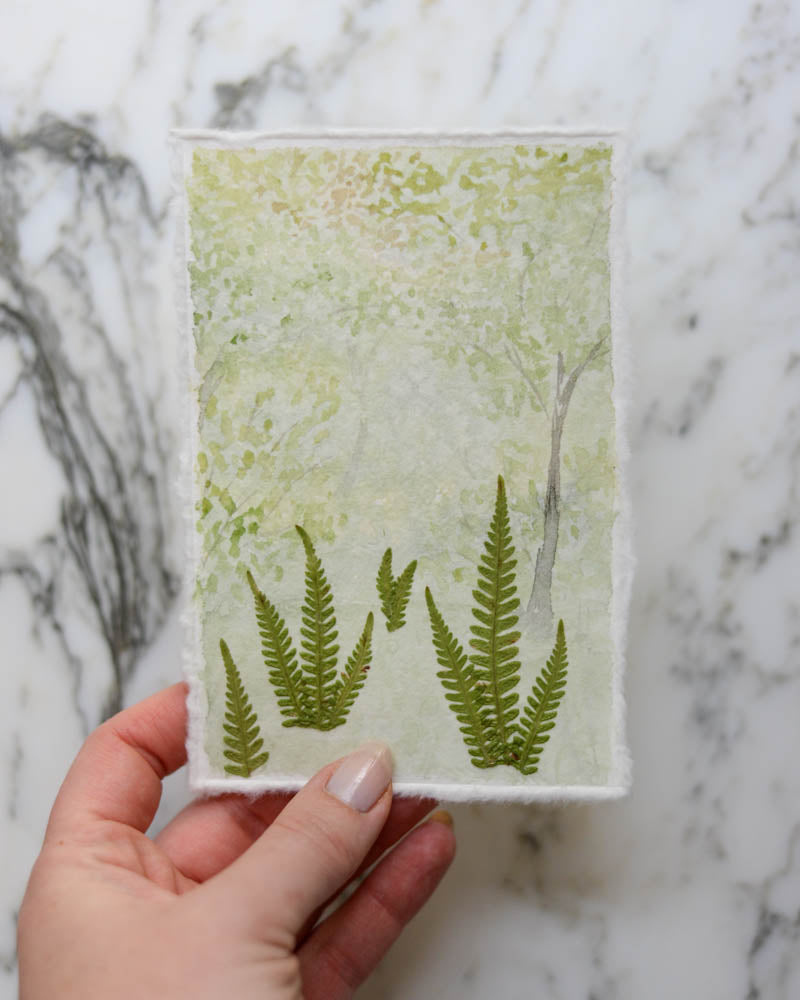 Spring Ferns - Original Artwork, 4x6" Watercolor and Pressed Flowers