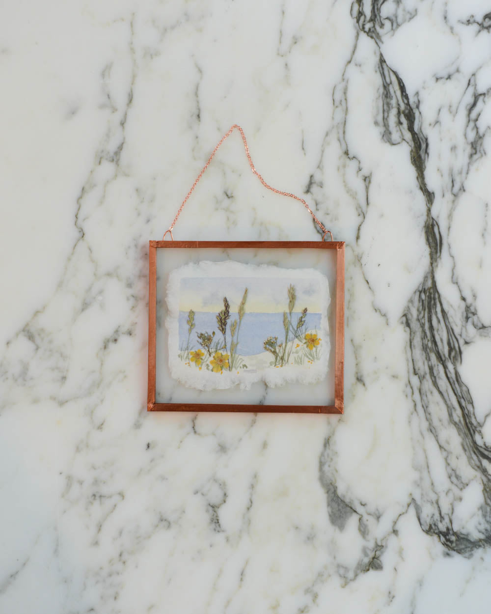 Seaside 1 - Watercolor in Small Glass and Copper Wall Hanging