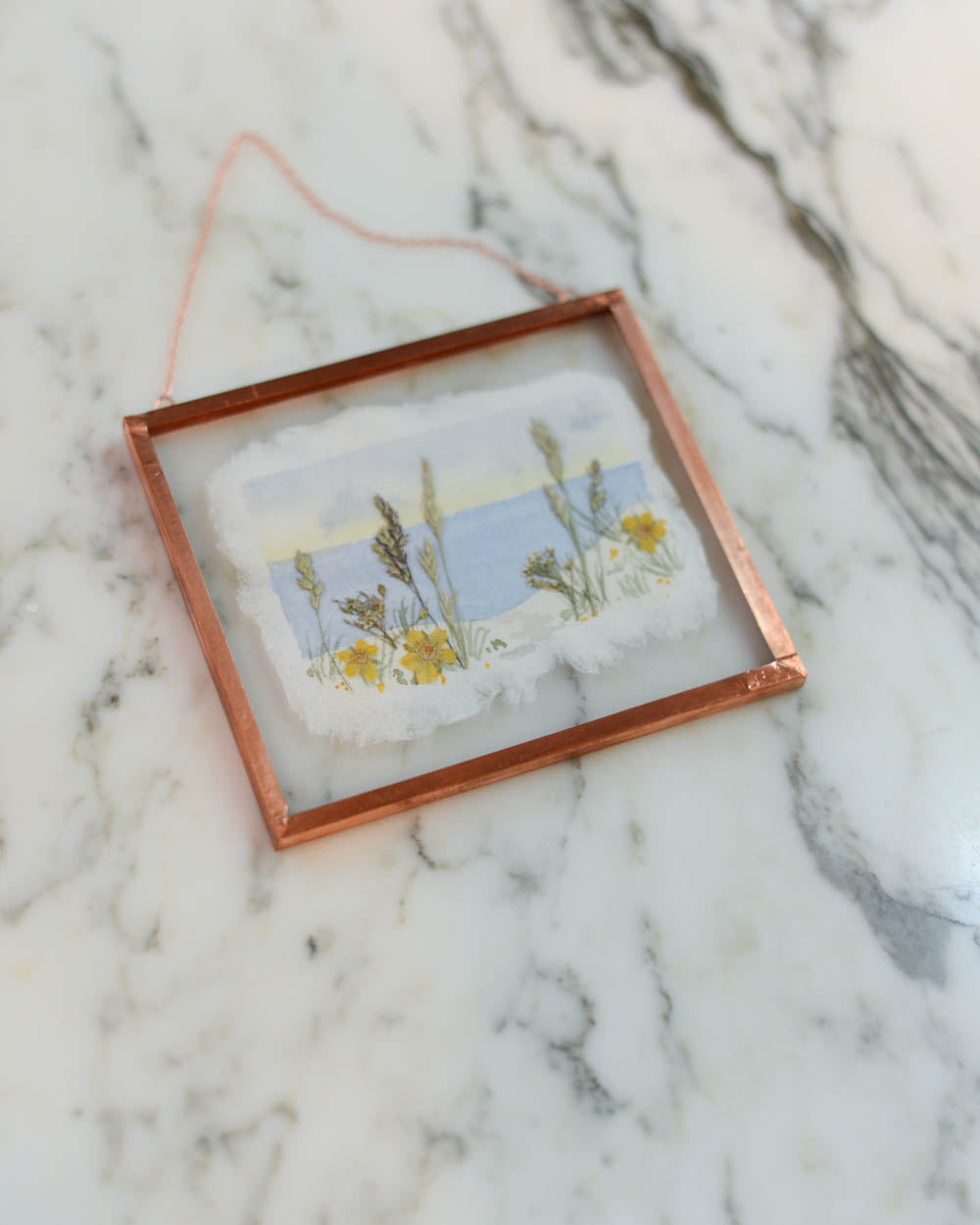 Seaside 1 - Watercolor in Small Glass and Copper Wall Hanging