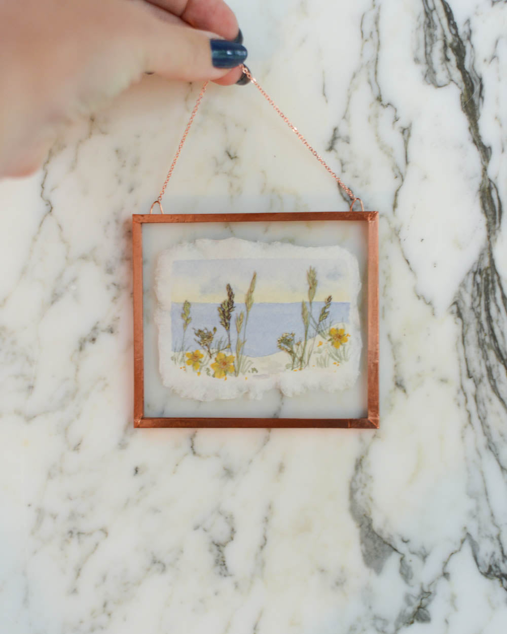 Seaside 1 - Watercolor in Small Glass and Copper Wall Hanging