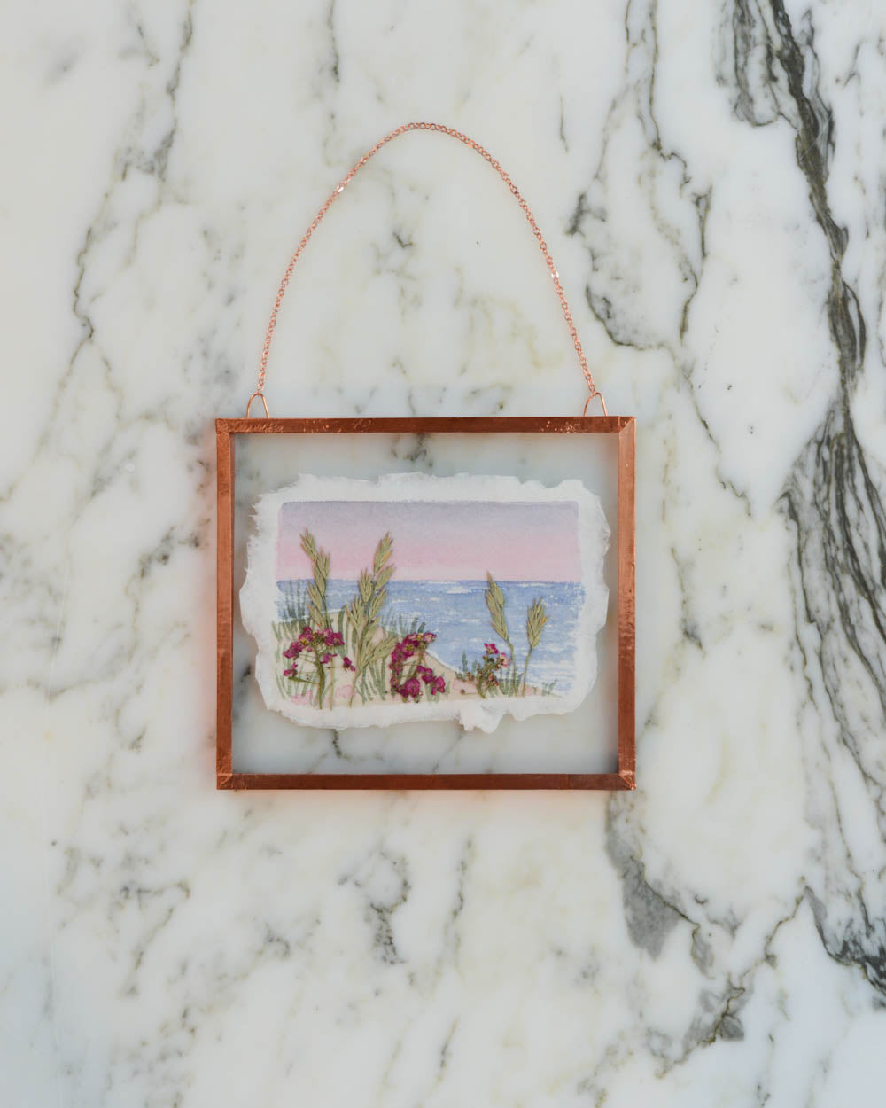 Seaside 2 - Watercolor in Small Glass and Copper Wall Hanging