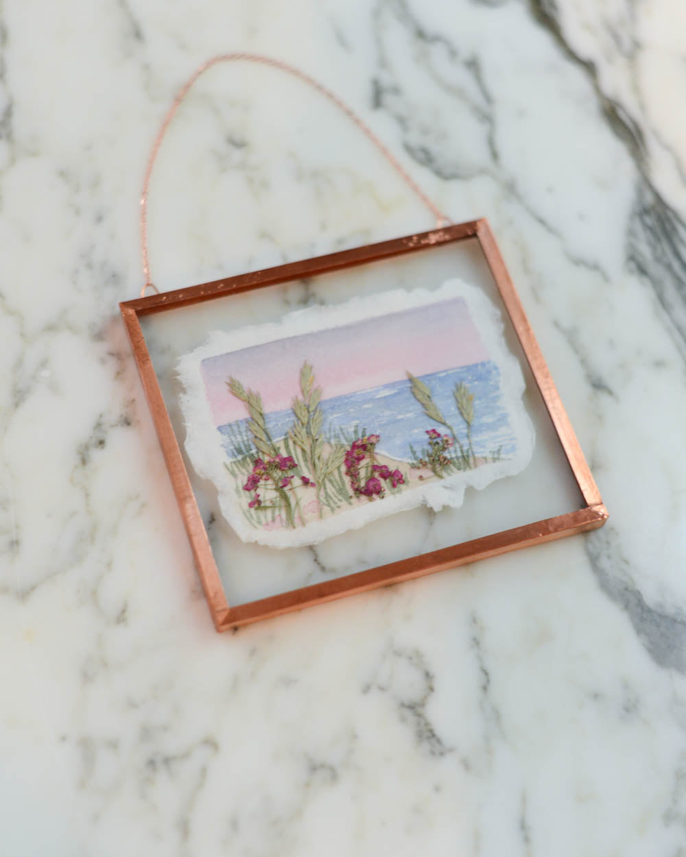 Seaside 2 - Watercolor in Small Glass and Copper Wall Hanging