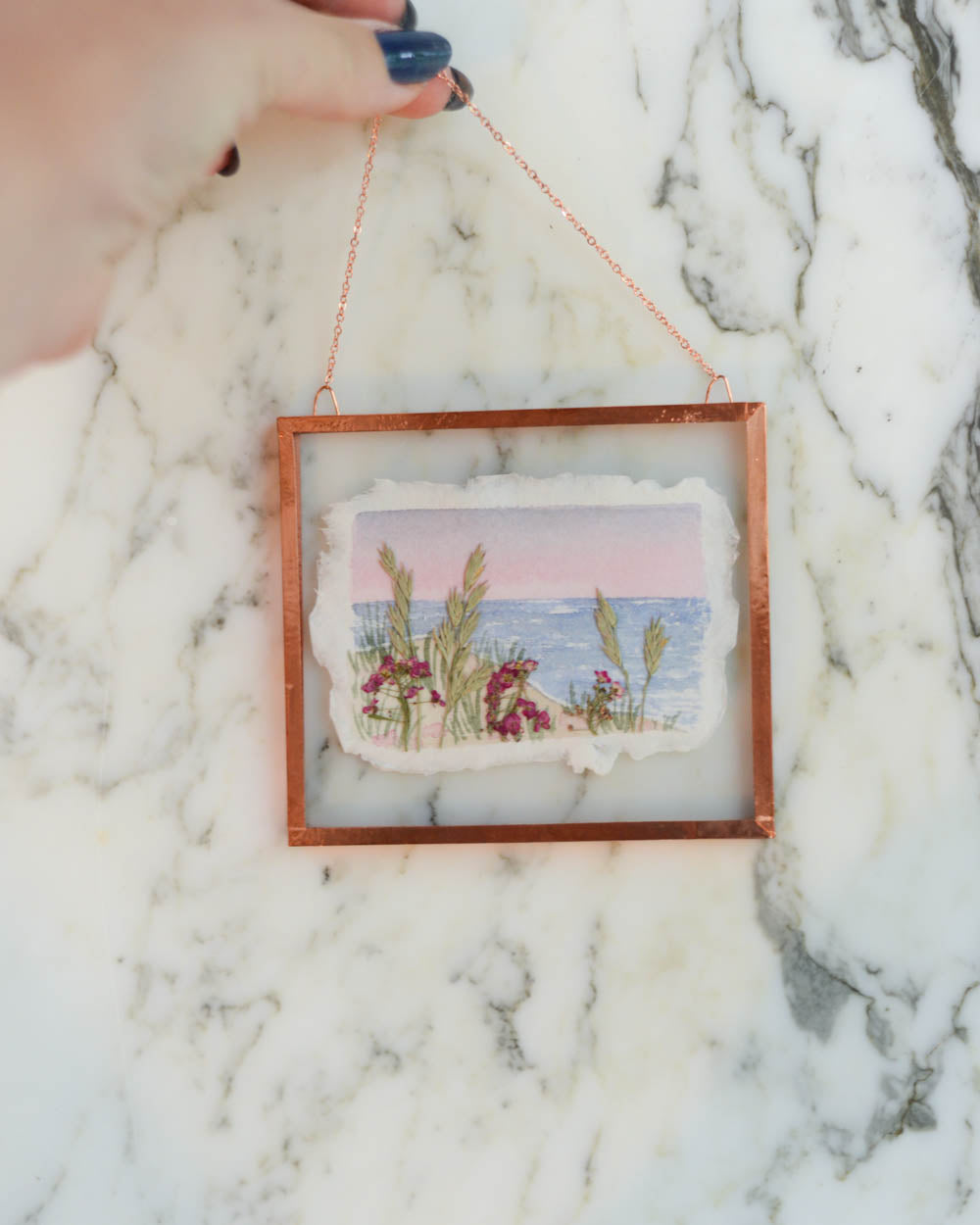 Seaside 2 - Watercolor in Small Glass and Copper Wall Hanging