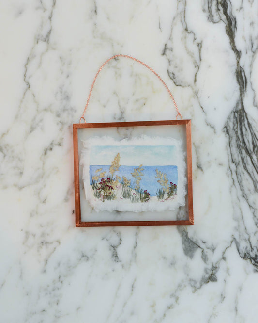 Seaside 3 - Watercolor in Small Glass and Copper Wall Hanging