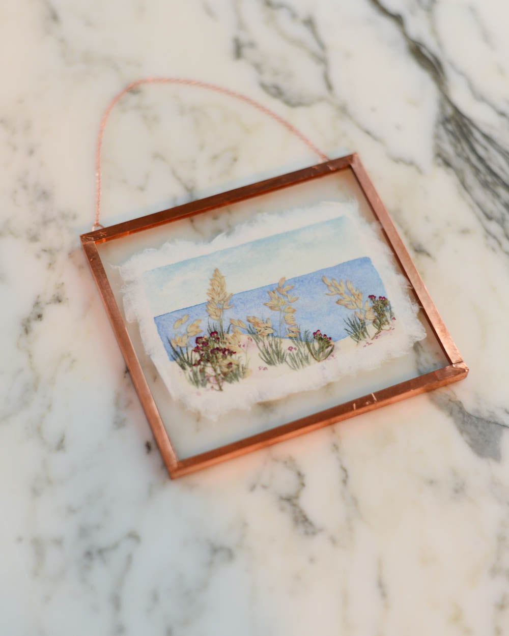 Seaside 3 - Watercolor in Small Glass and Copper Wall Hanging