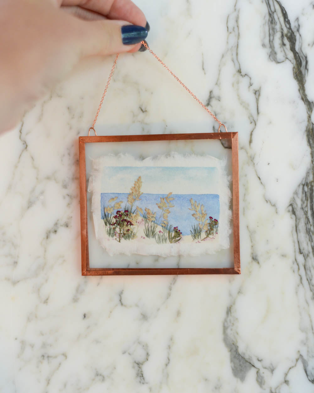 Seaside 3 - Watercolor in Small Glass and Copper Wall Hanging