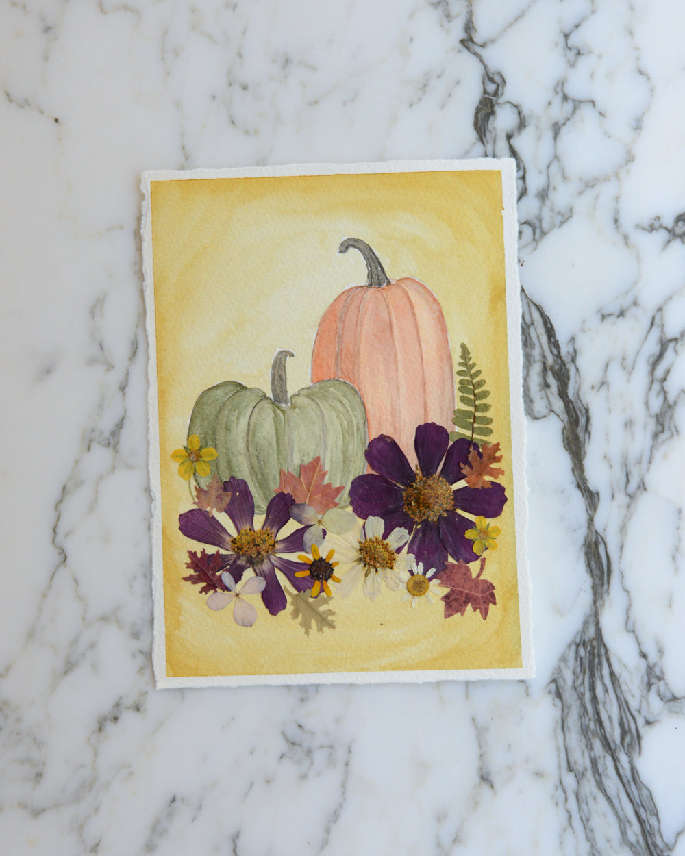 October Pumpkins - Original Artwork, 5x7" Watercolor and Pressed Flowers