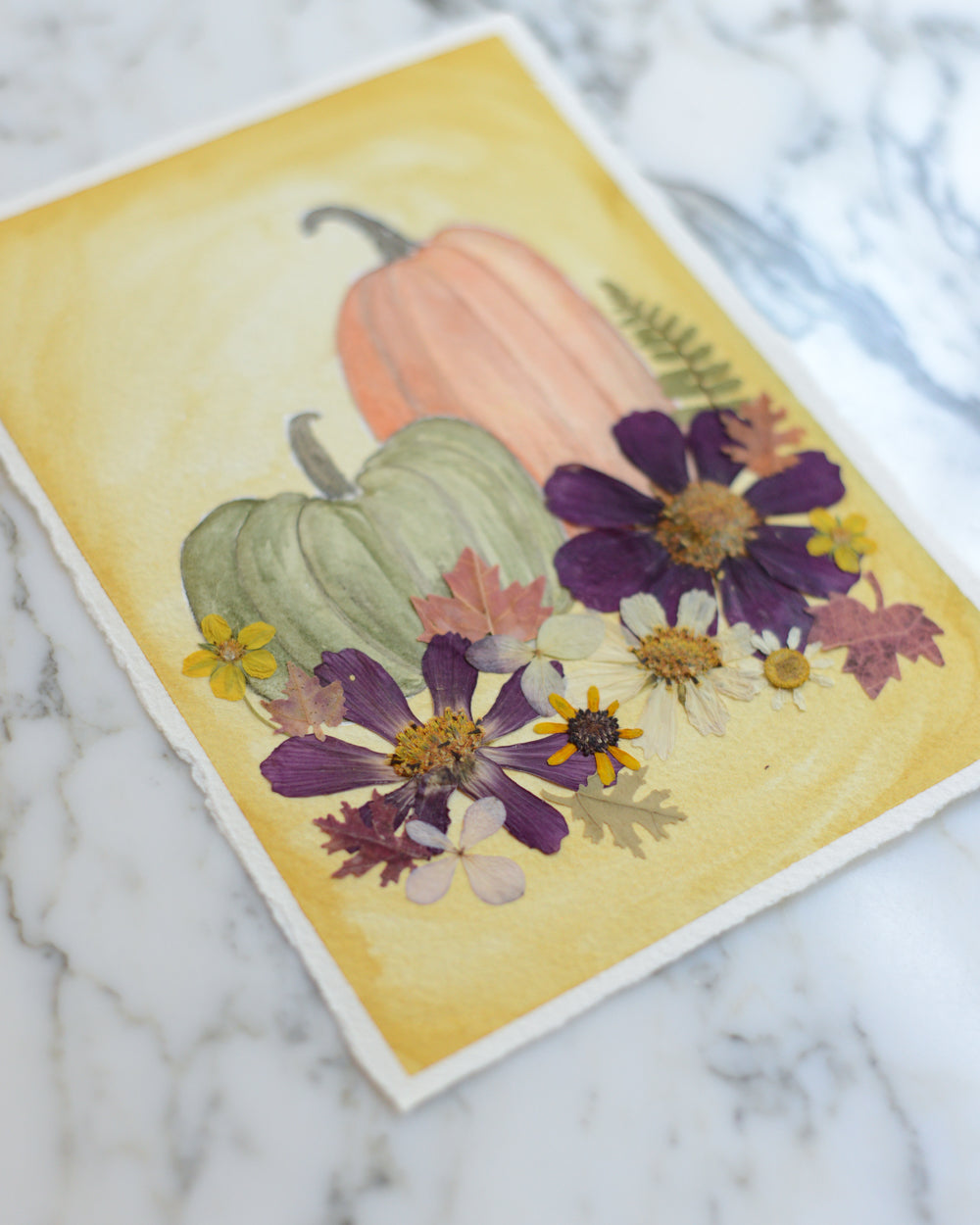 October Pumpkins - Original Artwork, 5x7" Watercolor and Pressed Flowers