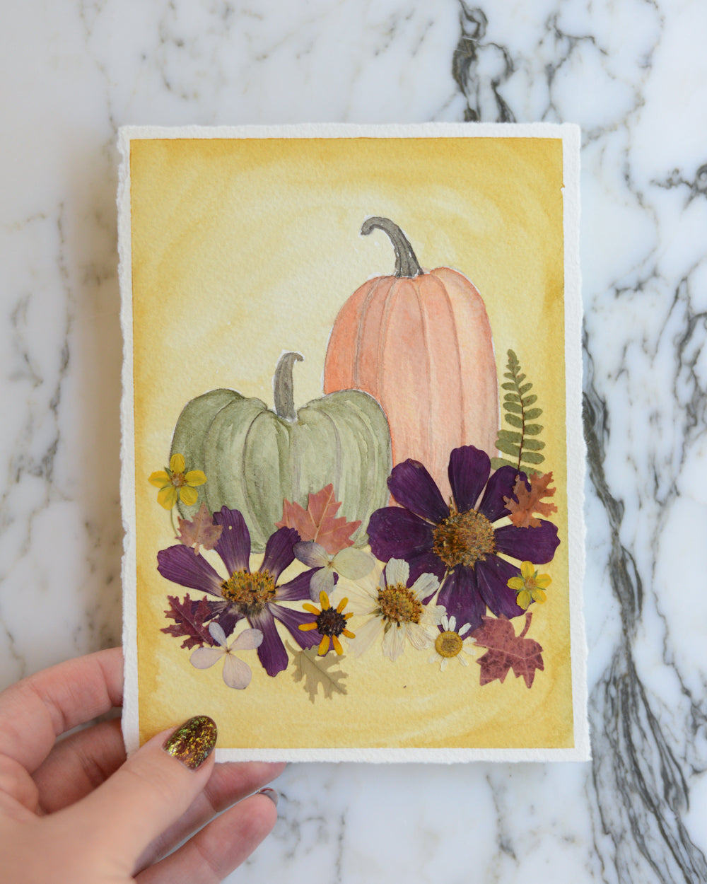 October Pumpkins - Original Artwork, 5x7" Watercolor and Pressed Flowers