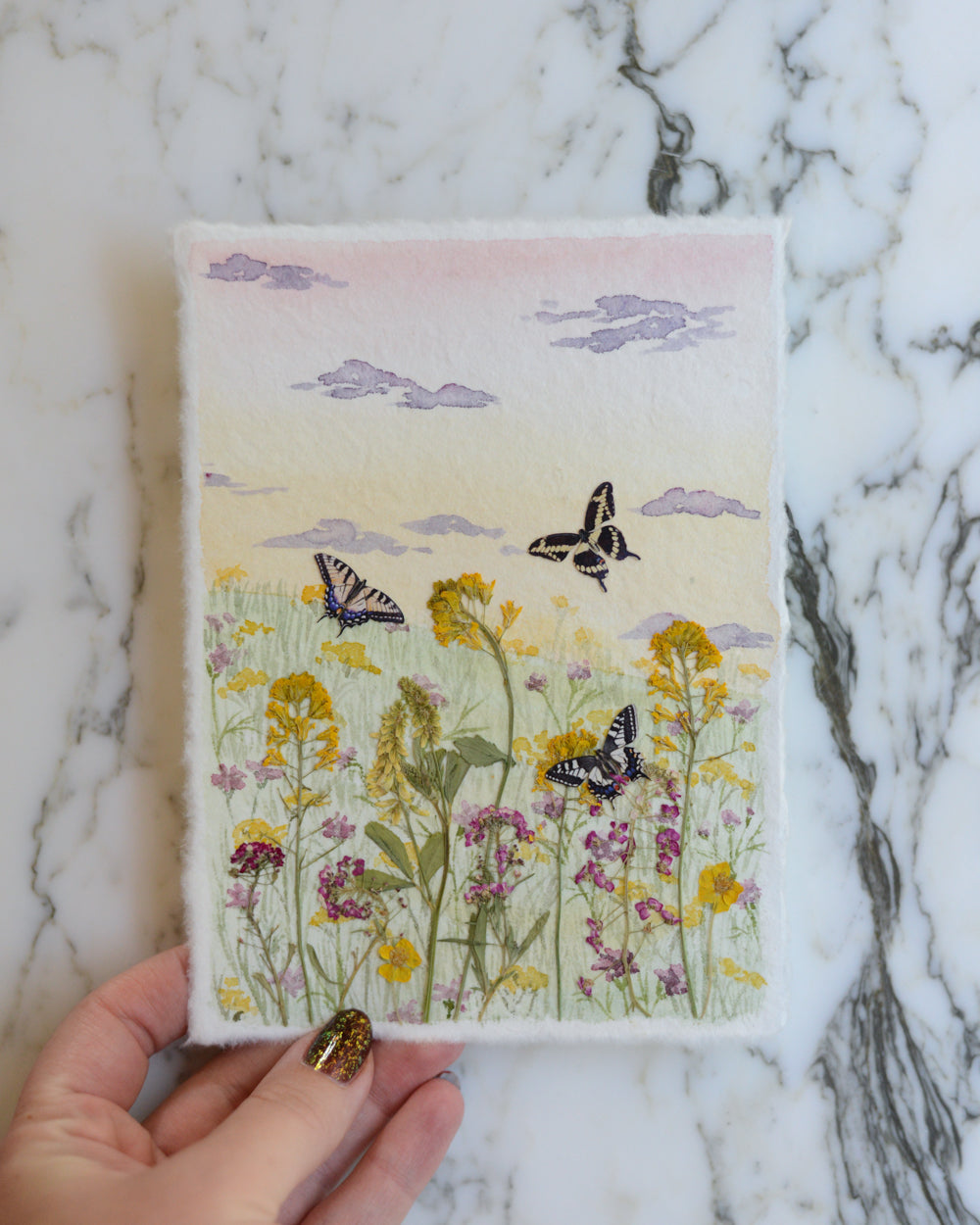 Swallowtail Sunrise - Original Artwork, 5x7" Watercolor and Pressed Flowers