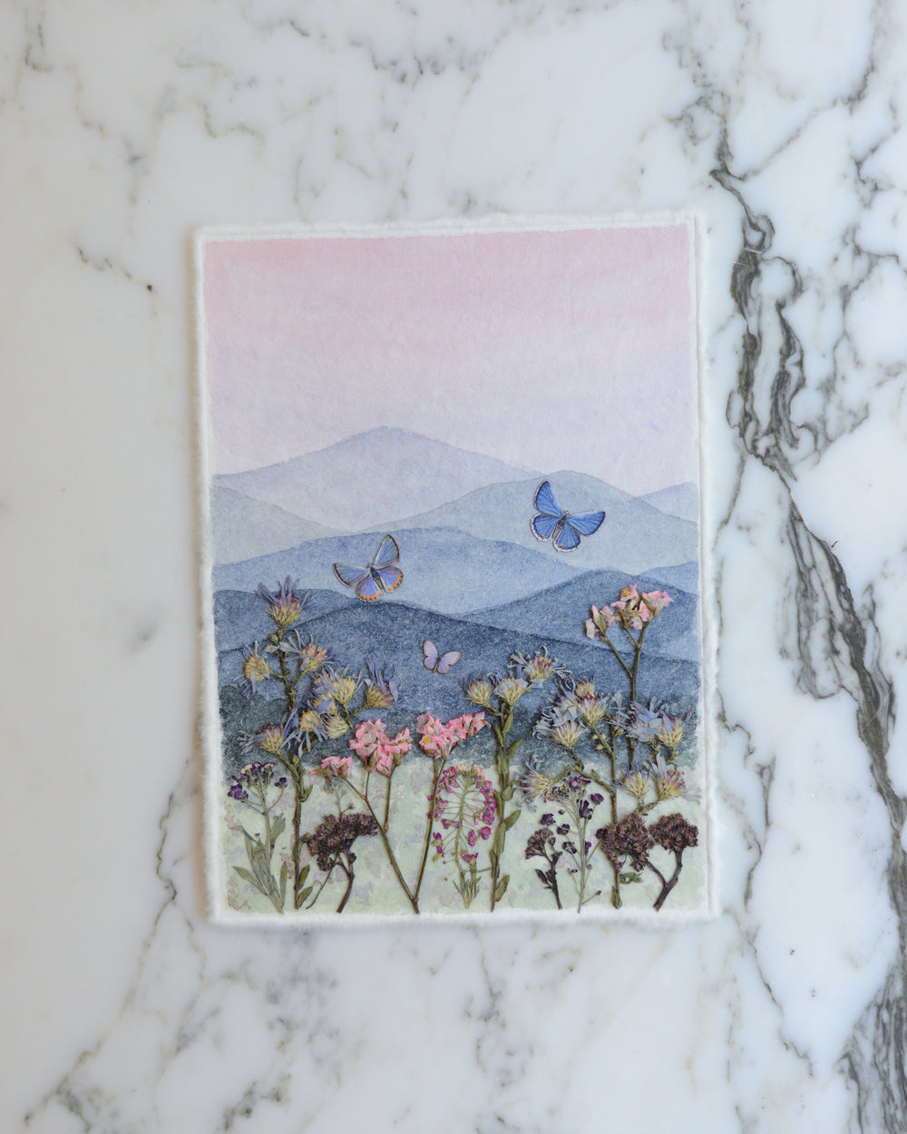 Mountain Ridge Blues - Original Artwork, 5x7" Watercolor and Pressed Flowers