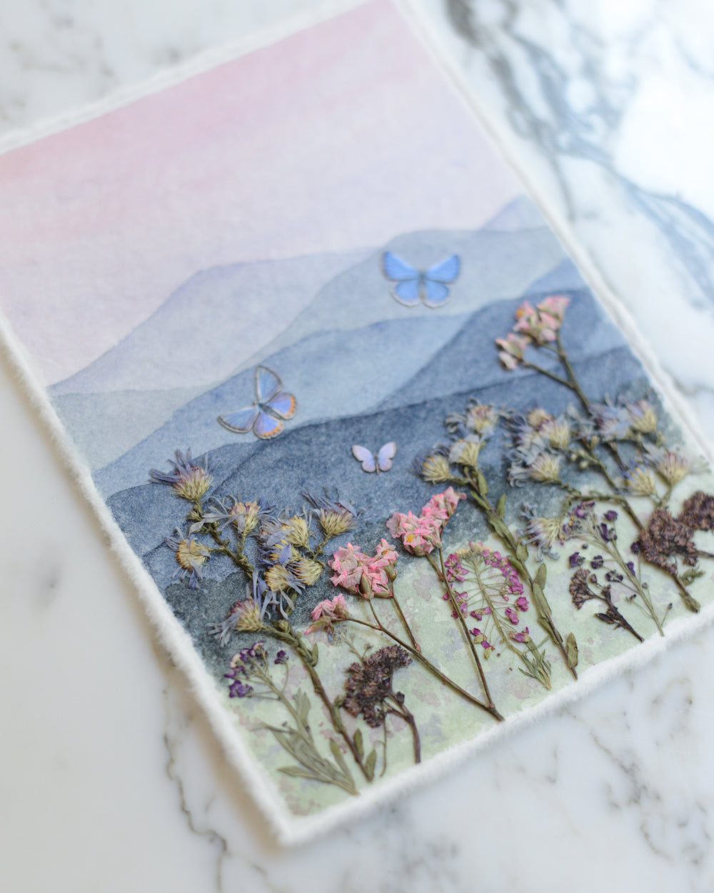 Mountain Ridge Blues - Original Artwork, 5x7" Watercolor and Pressed Flowers