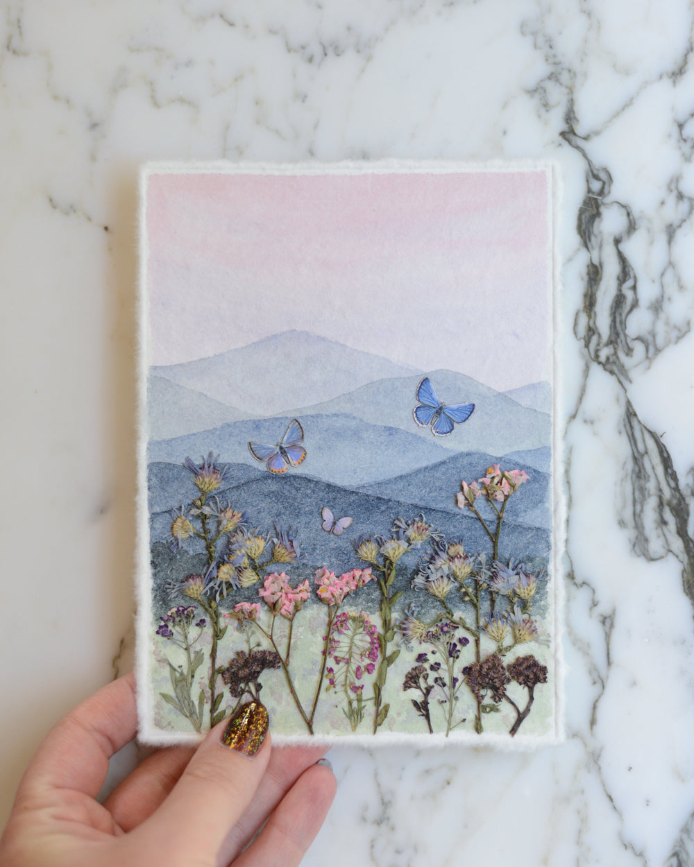 Mountain Ridge Blues - Original Artwork, 5x7" Watercolor and Pressed Flowers