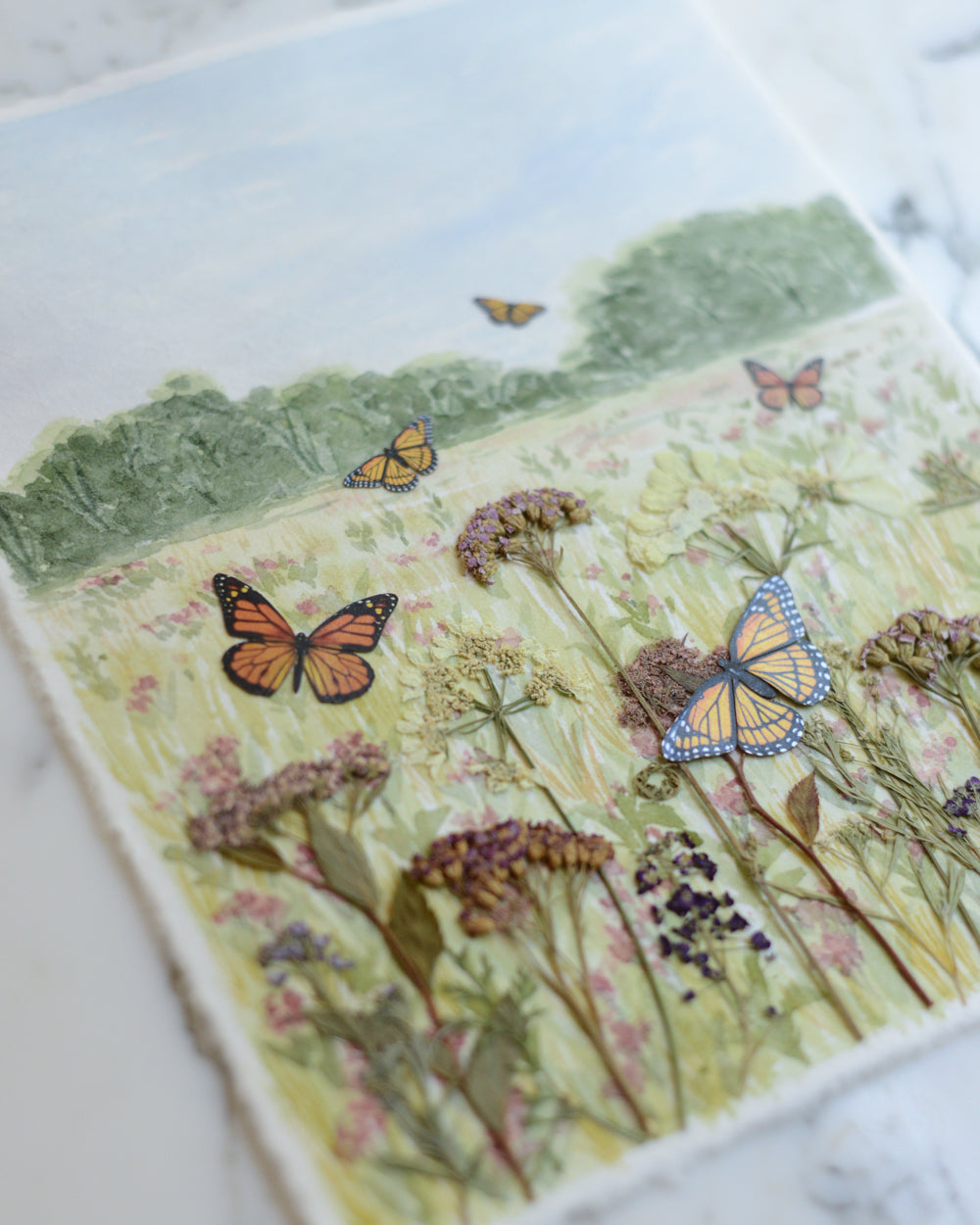 Monarch* Meadow - Original Artwork, 8x10" Watercolor and Pressed Flowers