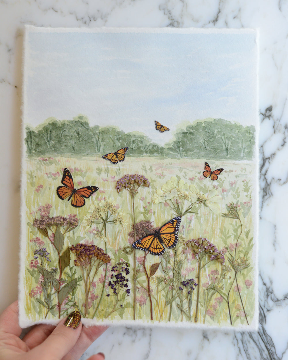 Monarch* Meadow - Original Artwork, 8x10" Watercolor and Pressed Flowers