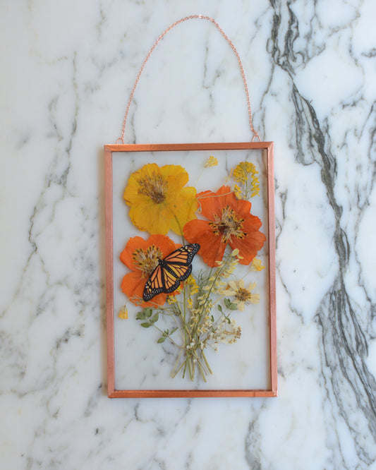 Butterfly Bouquet - Orange Cosmos - Glass and Copper Wall Hanging