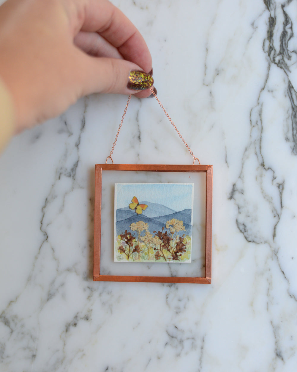 Mini Butterfly Meadow 1 - Glass and Copper Wall Hanging with Watercolor