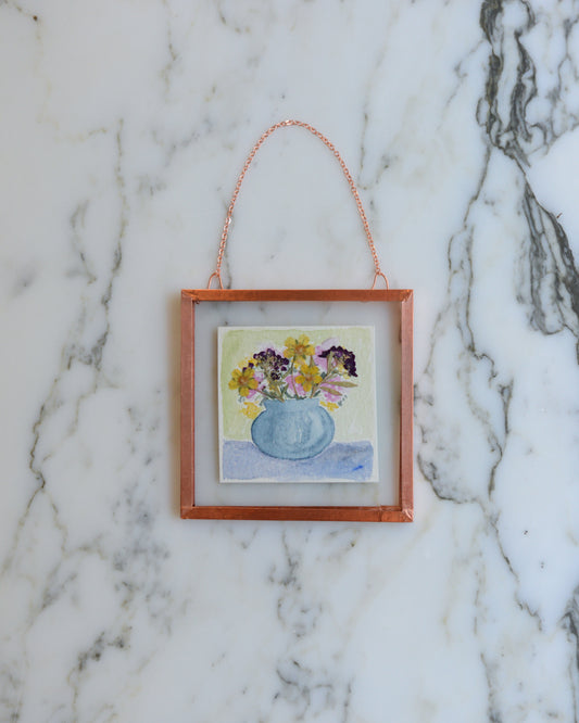 Mini Vase of Flowers - Glass and Copper Wall Hanging with Watercolor