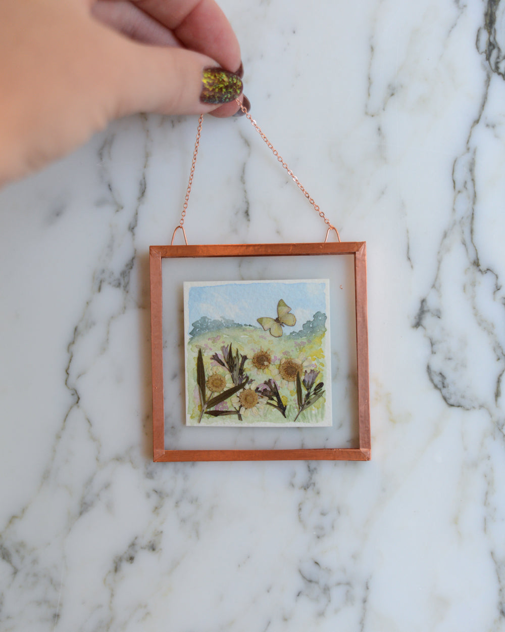 Mini Butterfly Meadow 2 - Glass and Copper Wall Hanging with Watercolor