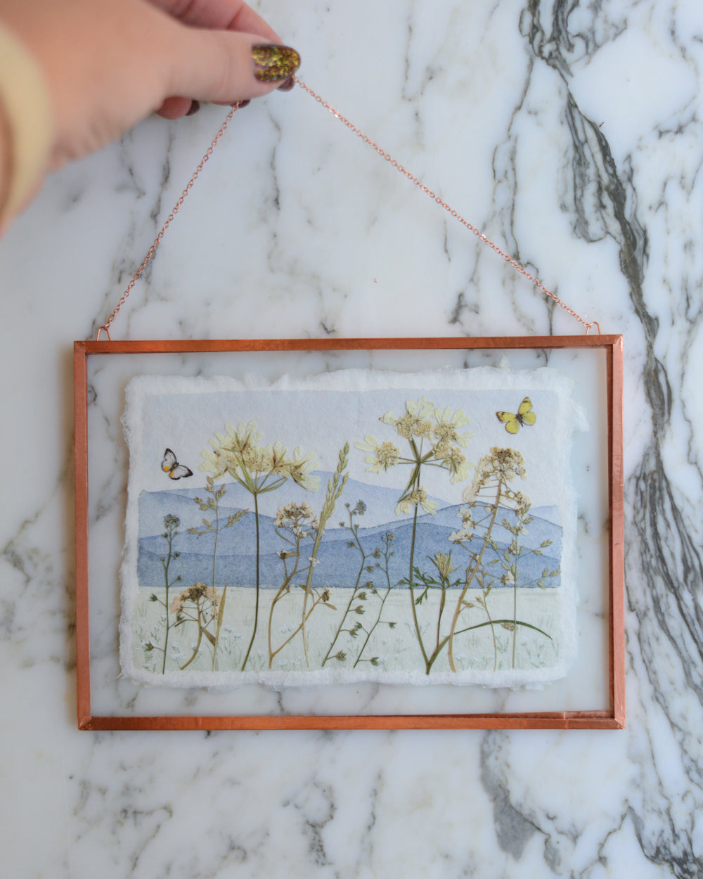 Butterfly Meadow - Glass and Copper Wall Hanging with Watercolor