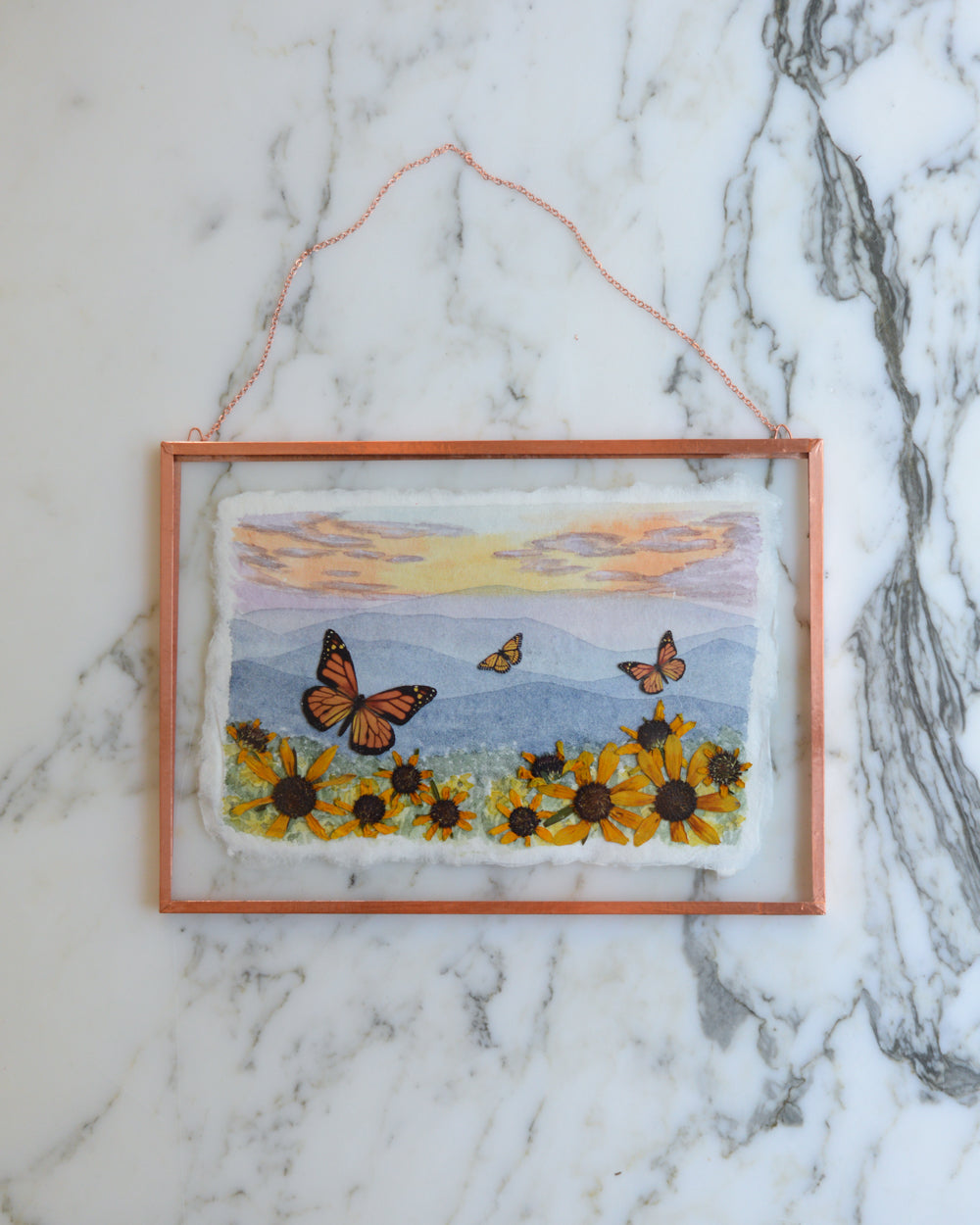 Butterfly Meadow Sunset - Glass and Copper Wall Hanging with Watercolor