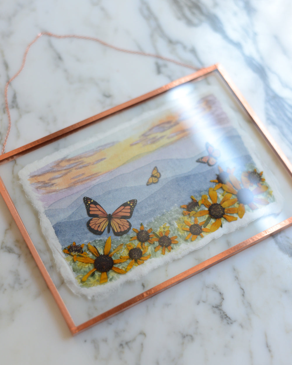 Butterfly Meadow Sunset - Glass and Copper Wall Hanging with Watercolor