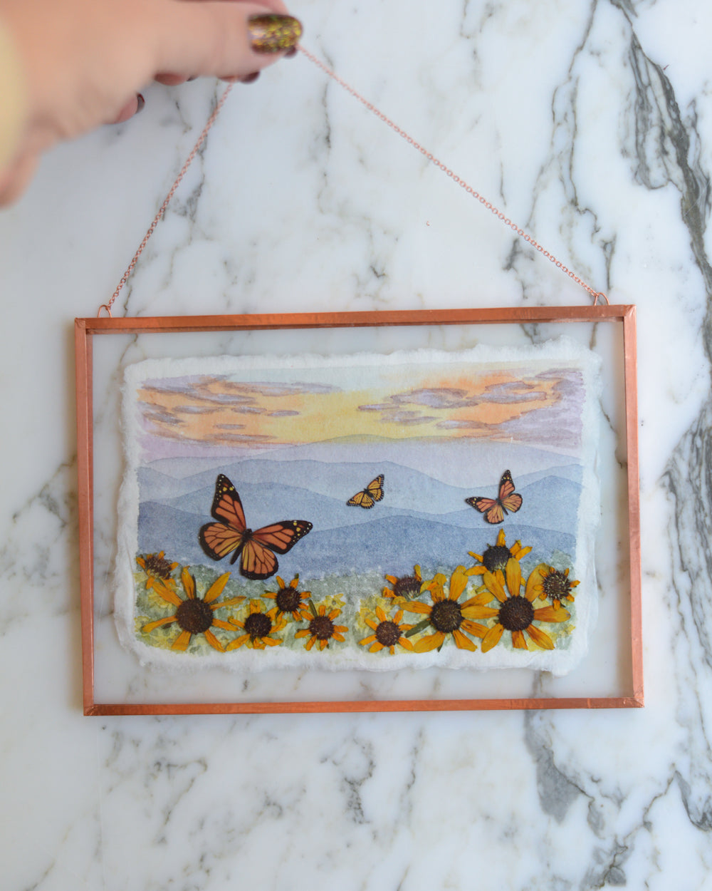 Butterfly Meadow Sunset - Glass and Copper Wall Hanging with Watercolor