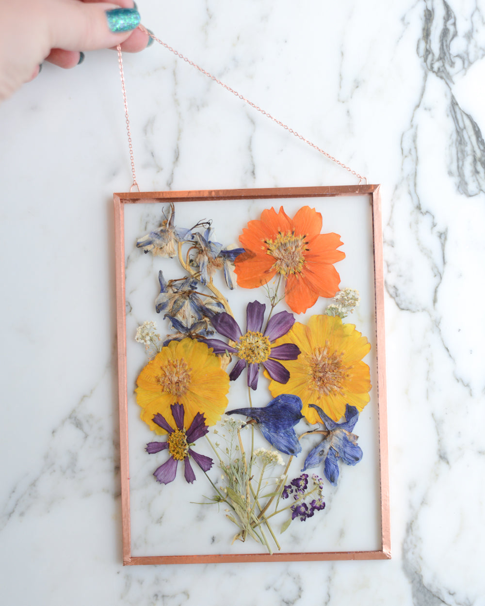 Colorful Cosmos Bouquet - Glass and Copper Wall Hanging