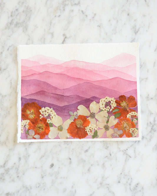 Mountain Home - Maroon and Orange - Original Artwork, 8x10" Watercolor and Pressed Flowers
