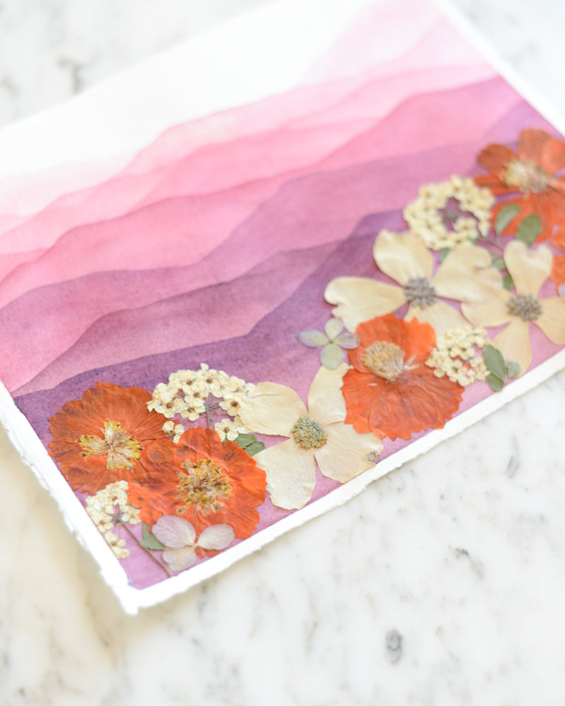 Mountain Home - Maroon and Orange - Original Artwork, 8x10" Watercolor and Pressed Flowers