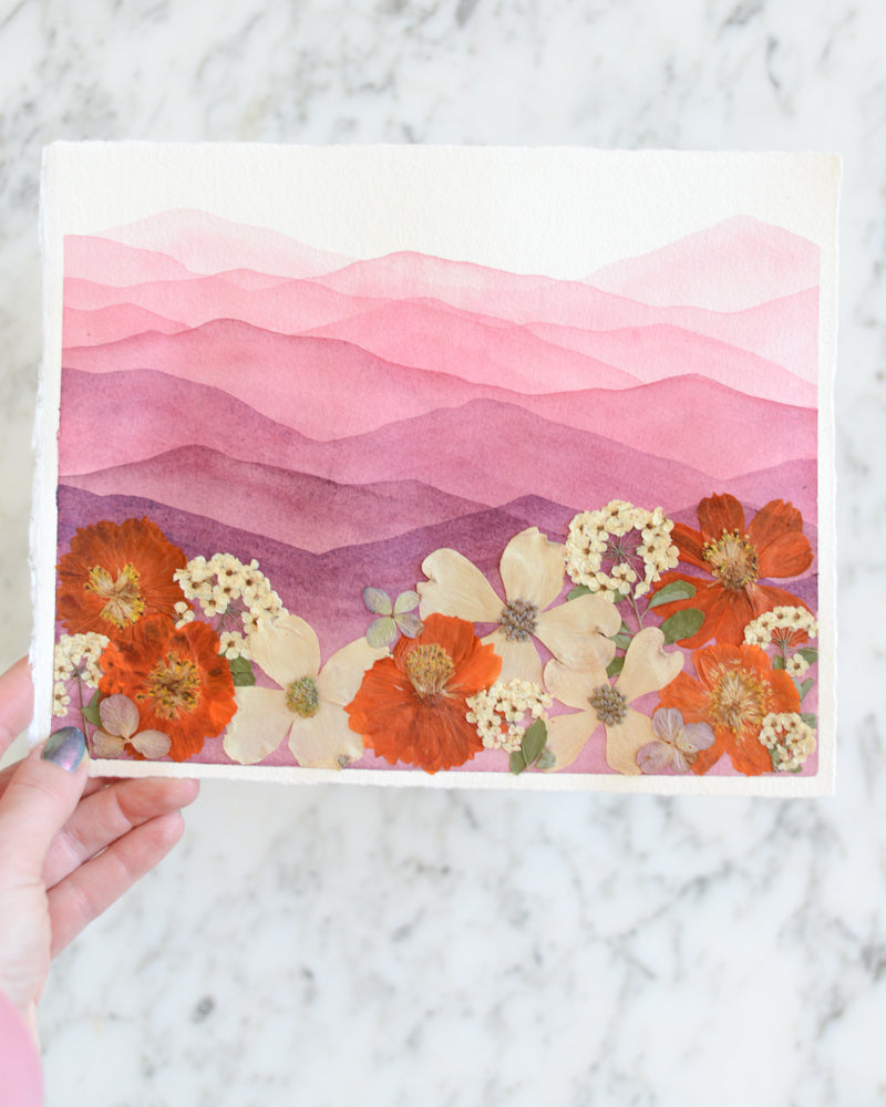 Mountain Home - Maroon and Orange - Original Artwork, 8x10" Watercolor and Pressed Flowers