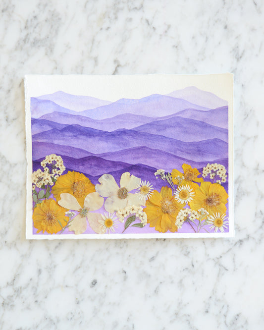 Mountain Home - Purple and Gold - Original Artwork, 8x10" Watercolor and Pressed Flowers