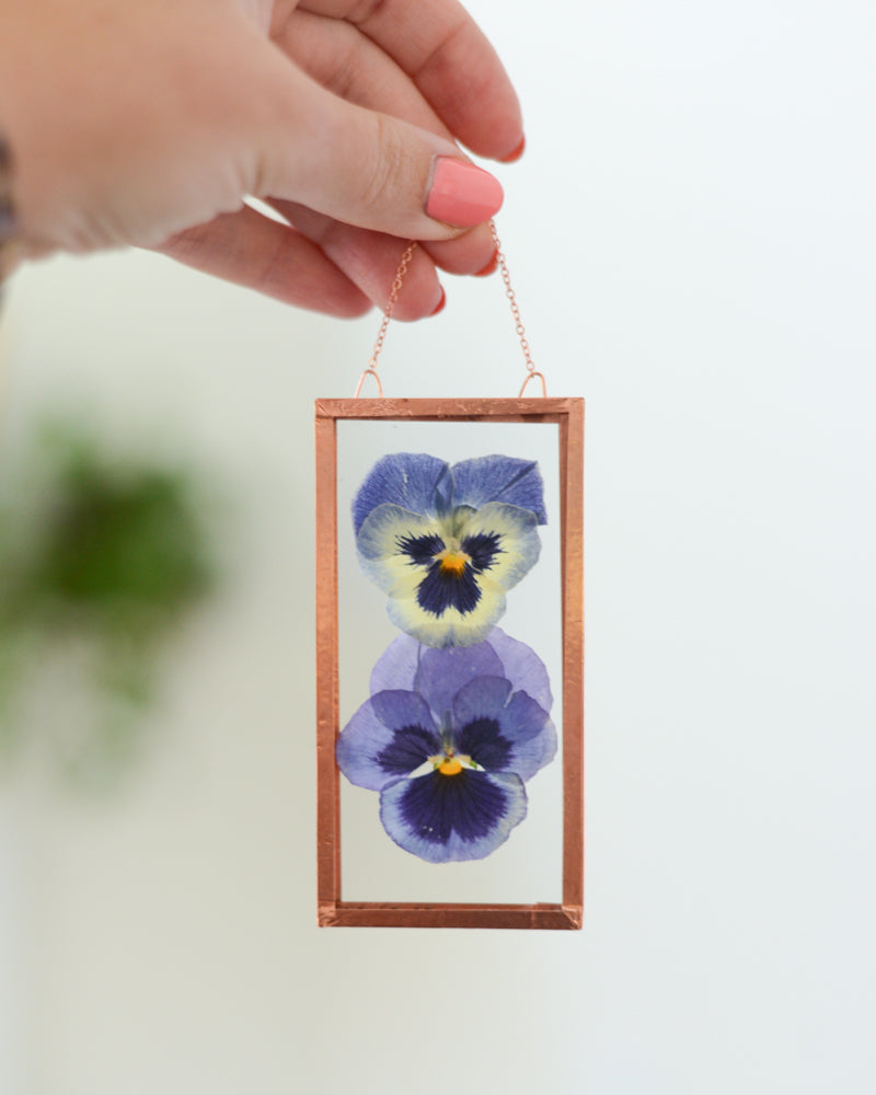Blue Pansies - Small Glass and Copper Wall Hanging